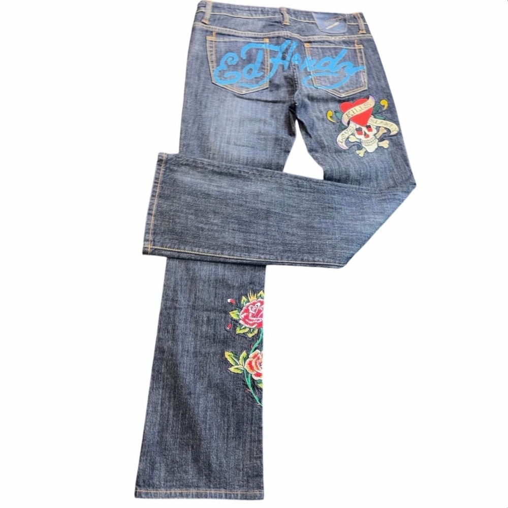 Ed Hardy NWT Love Kills Slowly Embroidered Bootcut Jeans Skull Rose Size 31